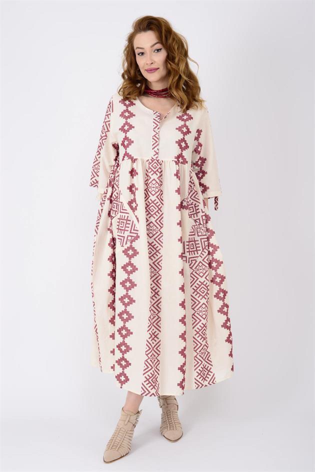 AN164 GEOMETRİK DESEN ÜÇ DÜĞMELİ ELBİSE