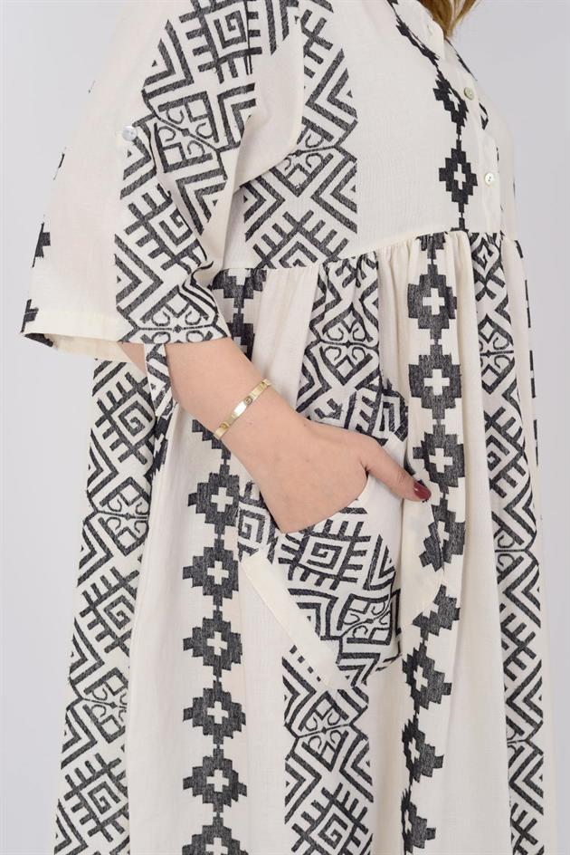 AN164 GEOMETRİK DESEN ÜÇ DÜĞMELİ ELBİSE
