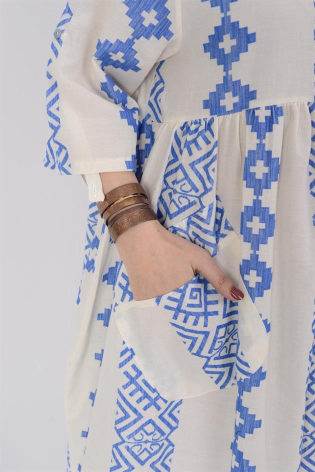 AN164 GEOMETRİK DESEN ÜÇ DÜĞMELİ ELBİSE