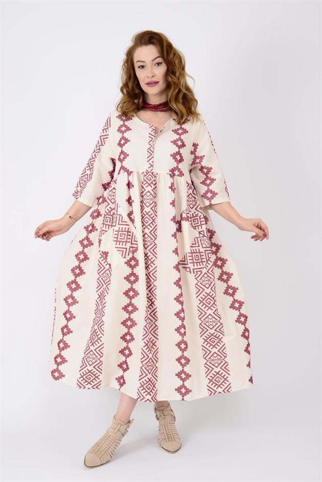 AN164 GEOMETRİK DESEN ÜÇ DÜĞMELİ ELBİSE