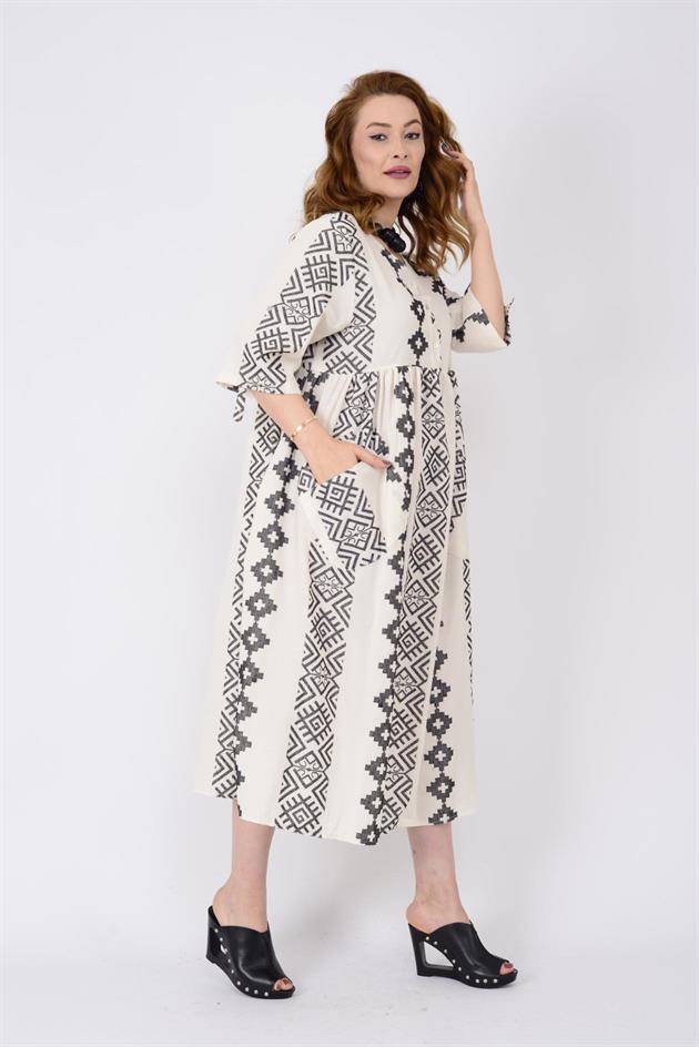 AN164 GEOMETRİK DESEN ÜÇ DÜĞMELİ ELBİSE