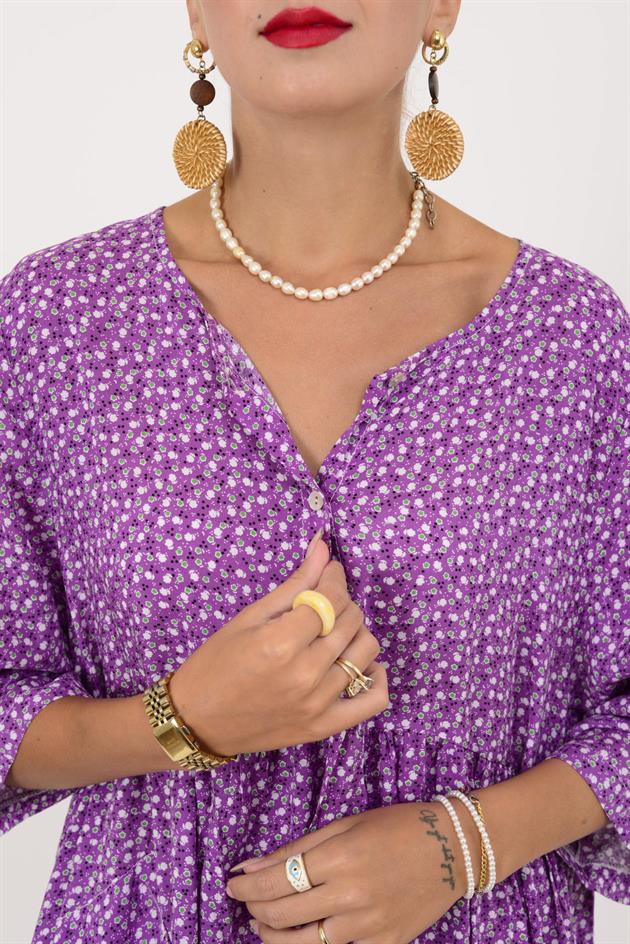 AN164 ÜÇ DÜĞMELİ ÇITIR ÇİÇEK DESEN ELBİSE