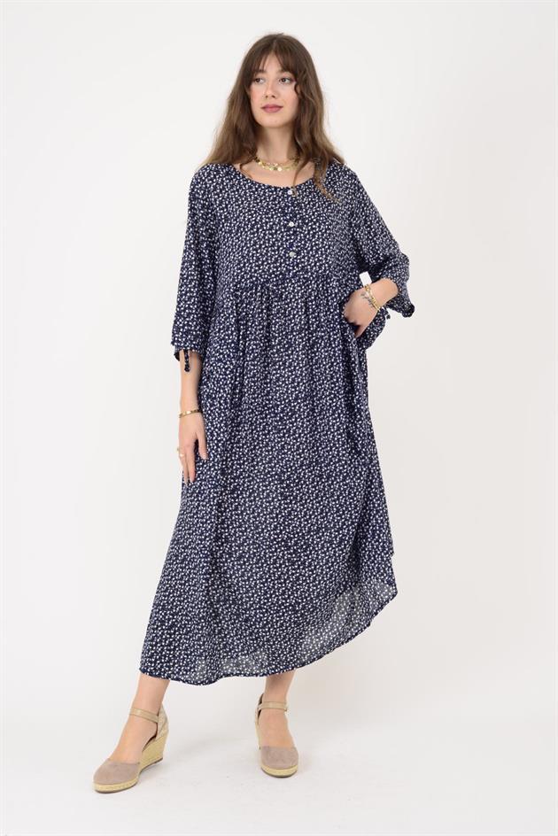 AN164 ÜÇ DÜĞMELİ ÇITIR ÇİÇEK DESEN ELBİSE