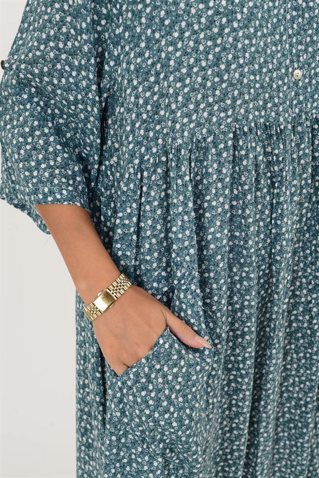 AN164 ÜÇ DÜĞMELİ ÇITIR ÇİÇEK DESEN ELBİSE