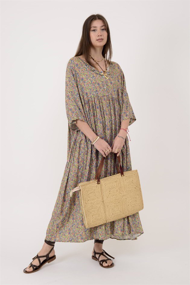 AN164 ÜÇ DÜĞMELİ ÇITIR ÇİÇEK DESEN ELBİSE