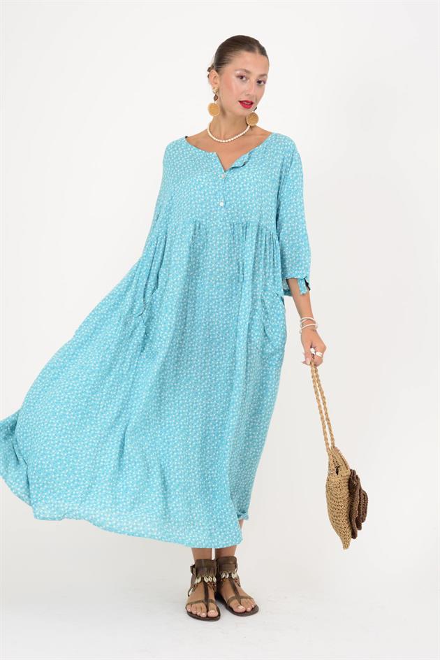 AN164 ÜÇ DÜĞMELİ ÇITIR ÇİÇEK DESEN ELBİSE