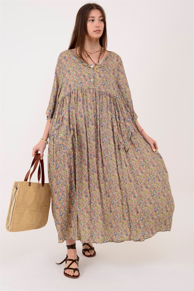 AN164 ÜÇ DÜĞMELİ ÇITIR ÇİÇEK DESEN ELBİSE