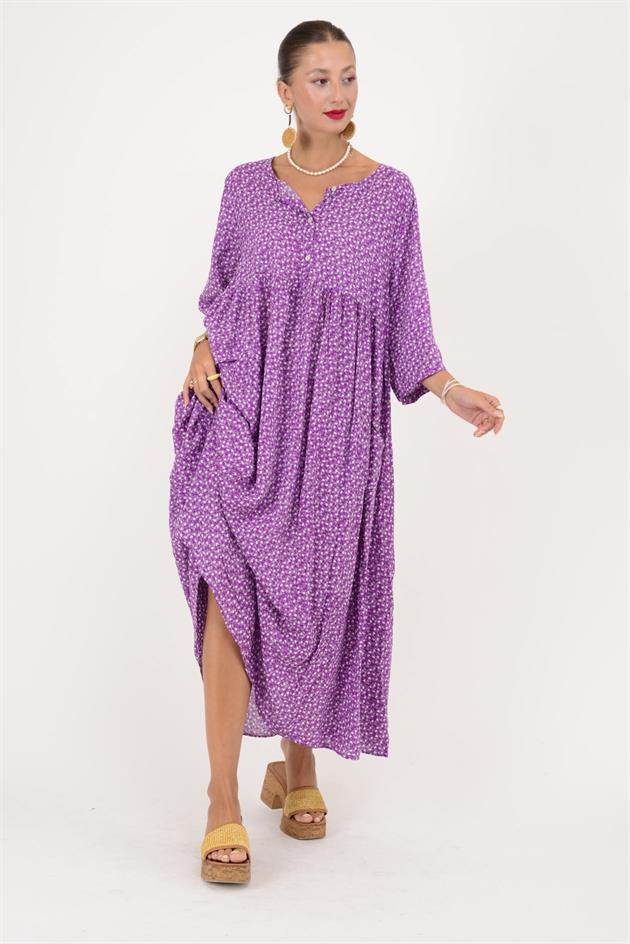 AN164 ÜÇ DÜĞMELİ ÇITIR ÇİÇEK DESEN ELBİSE