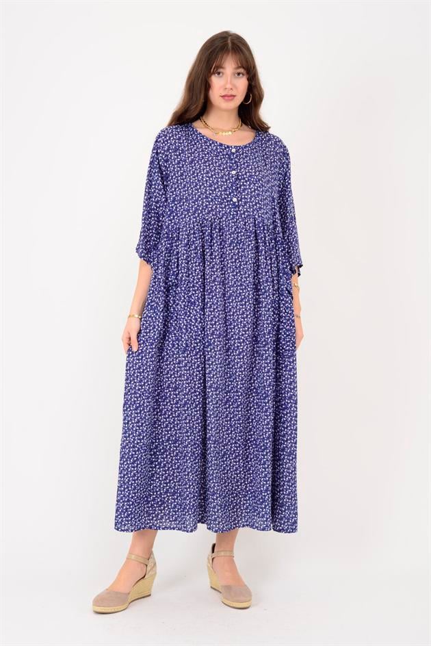 AN164 ÜÇ DÜĞMELİ ÇITIR ÇİÇEK DESEN ELBİSE