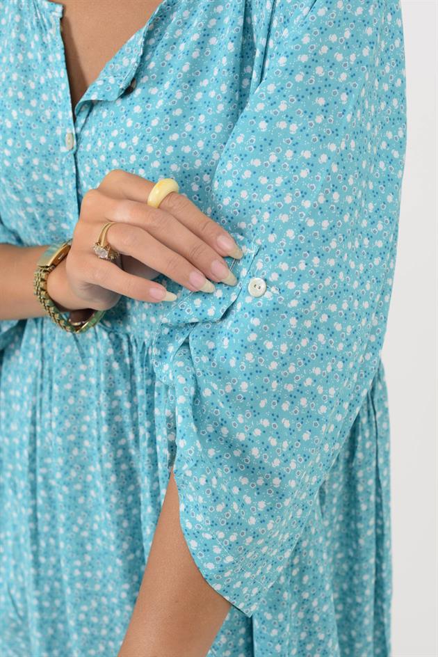 AN164 ÜÇ DÜĞMELİ ÇITIR ÇİÇEK DESEN ELBİSE