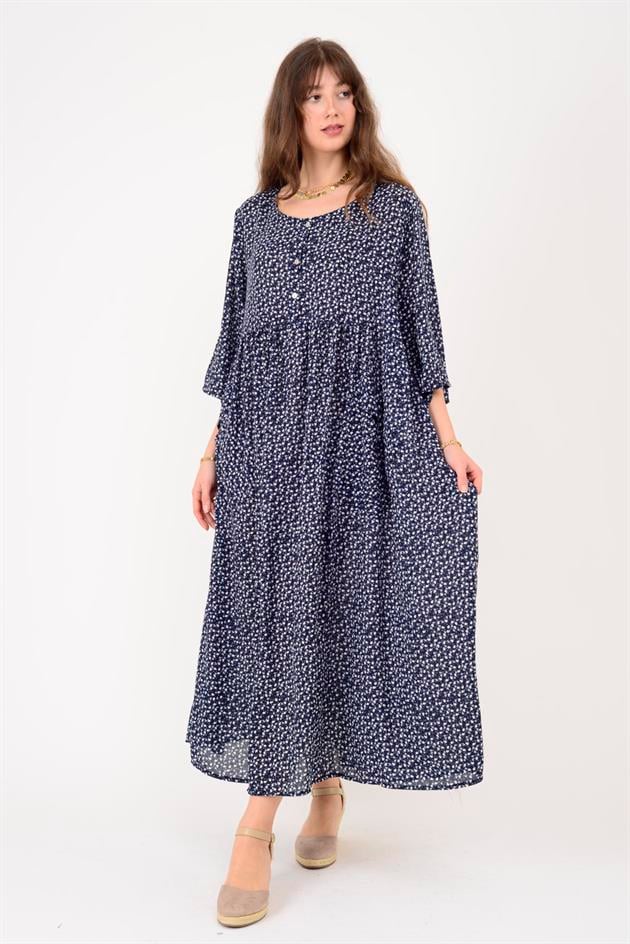 AN164 ÜÇ DÜĞMELİ ÇITIR ÇİÇEK DESEN ELBİSE