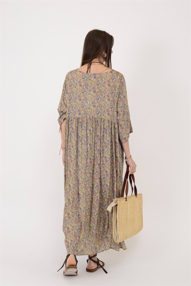 AN164 ÜÇ DÜĞMELİ ÇITIR ÇİÇEK DESEN ELBİSE