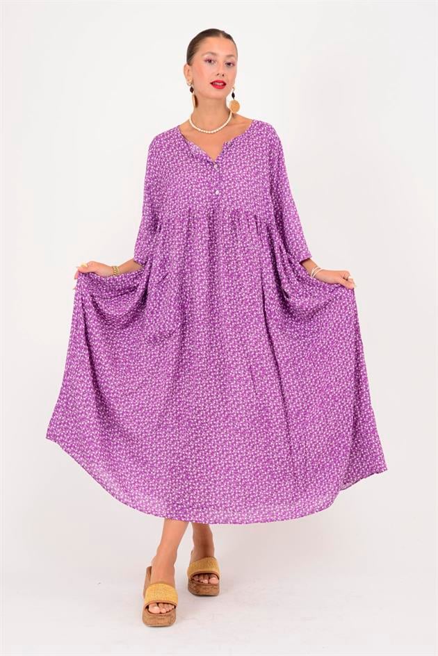 AN164 ÜÇ DÜĞMELİ ÇITIR ÇİÇEK DESEN ELBİSE