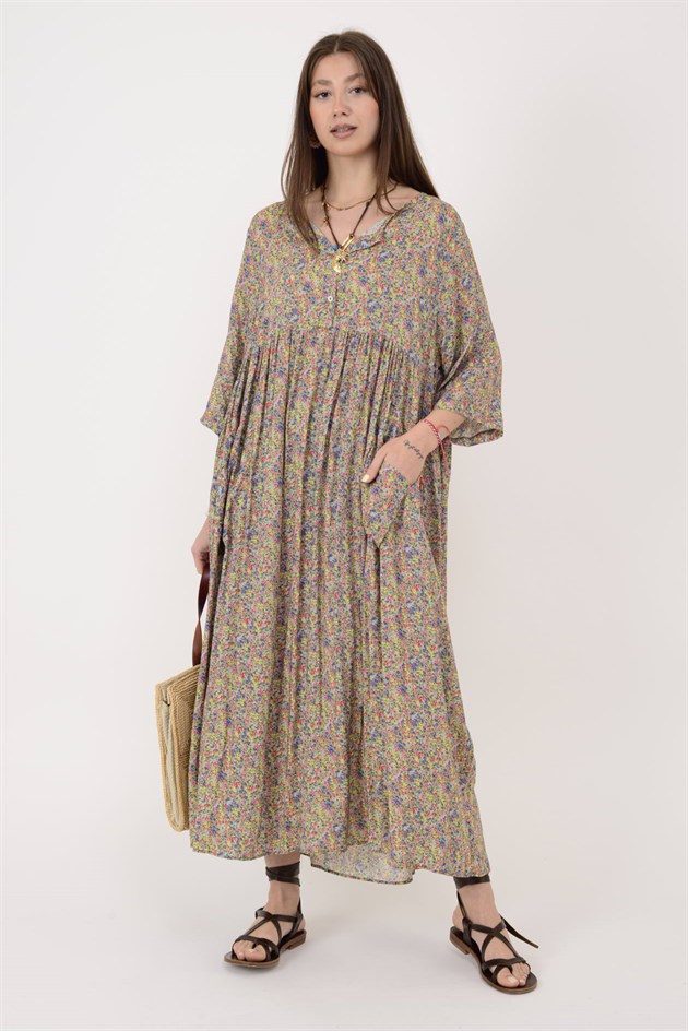 AN164 ÜÇ DÜĞMELİ ÇITIR ÇİÇEK DESEN ELBİSE