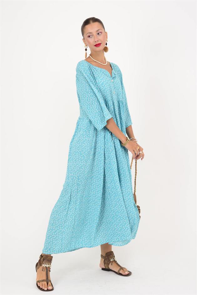 AN164 ÜÇ DÜĞMELİ ÇITIR ÇİÇEK DESEN ELBİSE