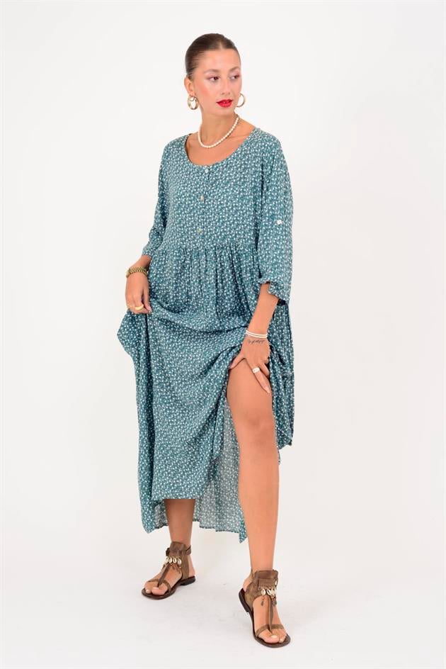 AN164 ÜÇ DÜĞMELİ ÇITIR ÇİÇEK DESEN ELBİSE