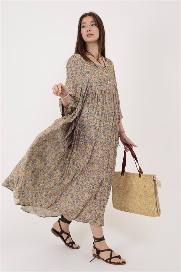 AN164 ÜÇ DÜĞMELİ ÇITIR ÇİÇEK DESEN ELBİSE