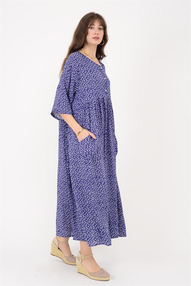 AN164 ÜÇ DÜĞMELİ ÇITIR ÇİÇEK DESEN ELBİSE