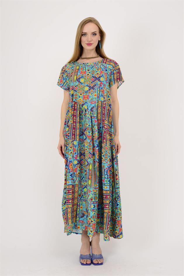 AN5021 ETNİK DESEN ASİMETRİK KISA KOL ELBİSE