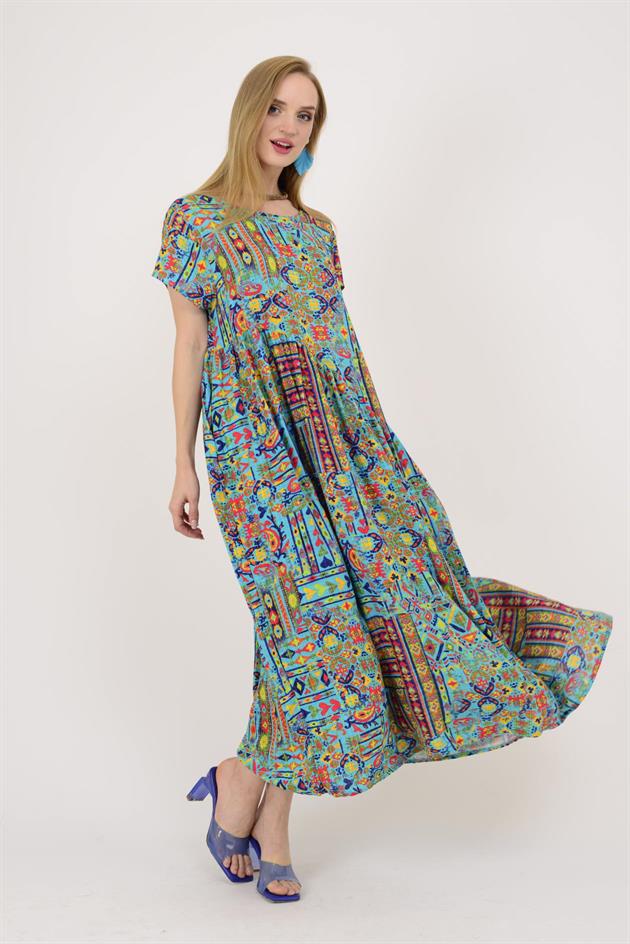 AN5021 ETNİK DESEN ASİMETRİK KISA KOL ELBİSE