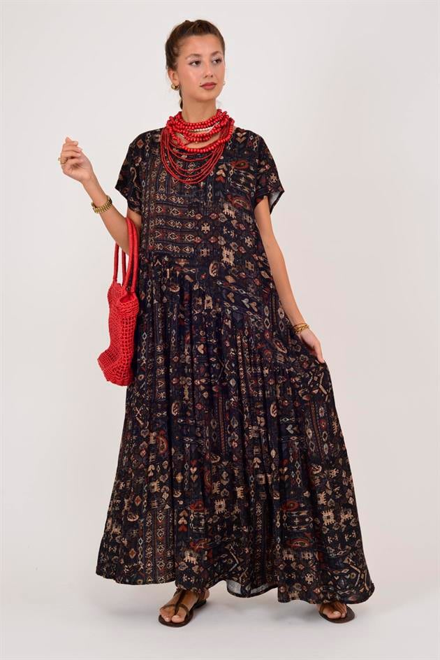 AN5021 ETNİK DESEN ASİMETRİK KISA KOL ELBİSE