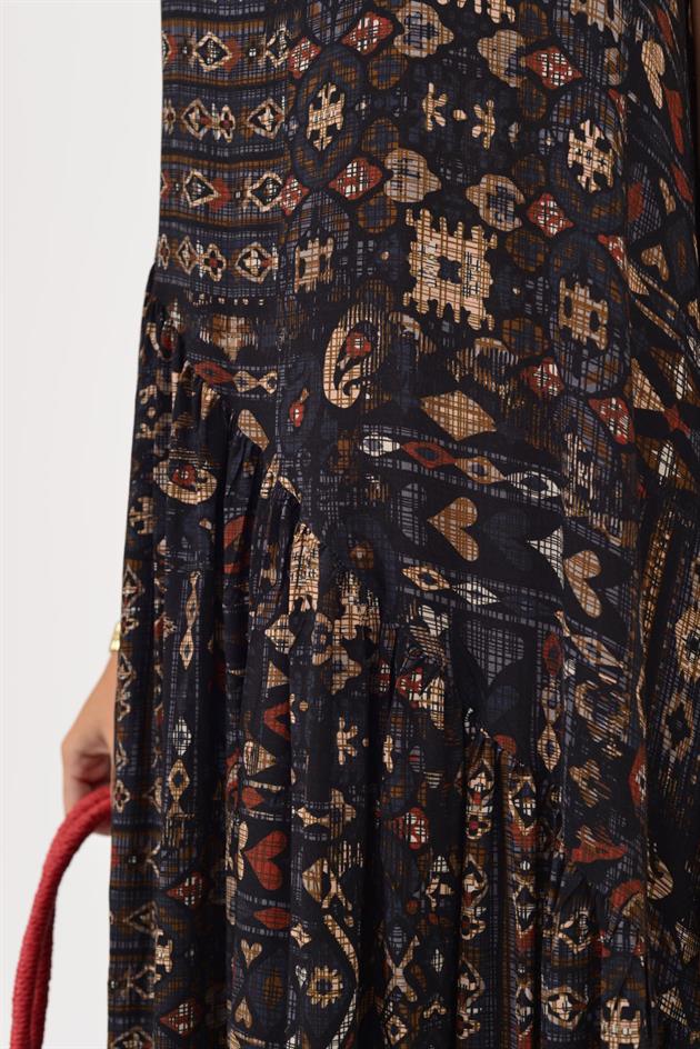 AN5021 ETNİK DESEN ASİMETRİK KISA KOL ELBİSE