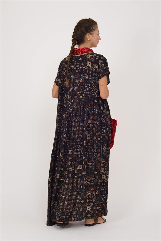 AN5021 ETNİK DESEN ASİMETRİK KISA KOL ELBİSE