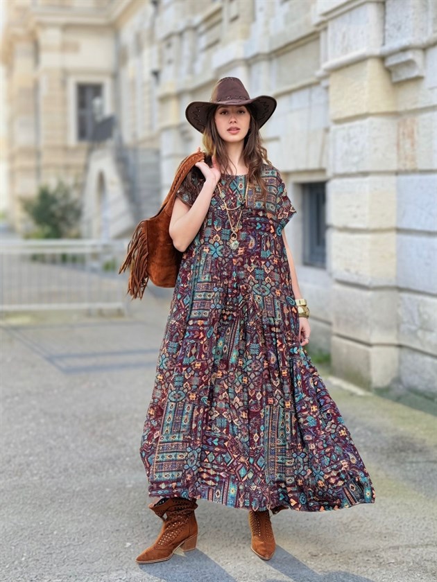 AN5021 ETNİK DESEN ASİMETRİK KISA KOL ELBİSE