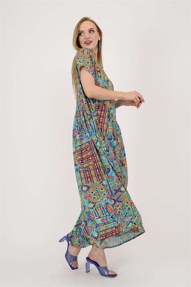 AN5021 ETNİK DESEN ASİMETRİK KISA KOL ELBİSE