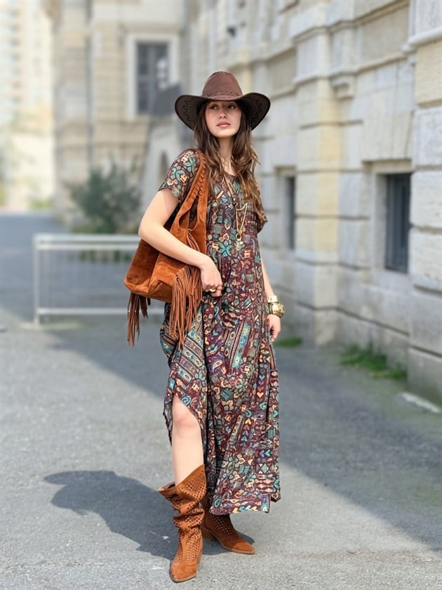 AN5021 ETNİK DESEN ASİMETRİK KISA KOL ELBİSE