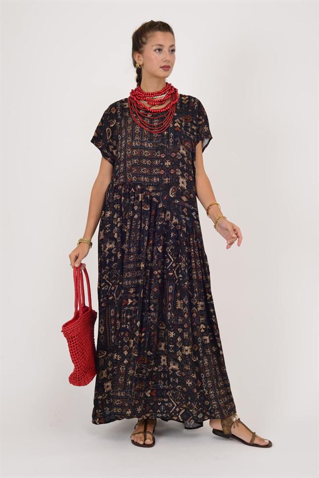 AN5021 ETNİK DESEN ASİMETRİK KISA KOL ELBİSE