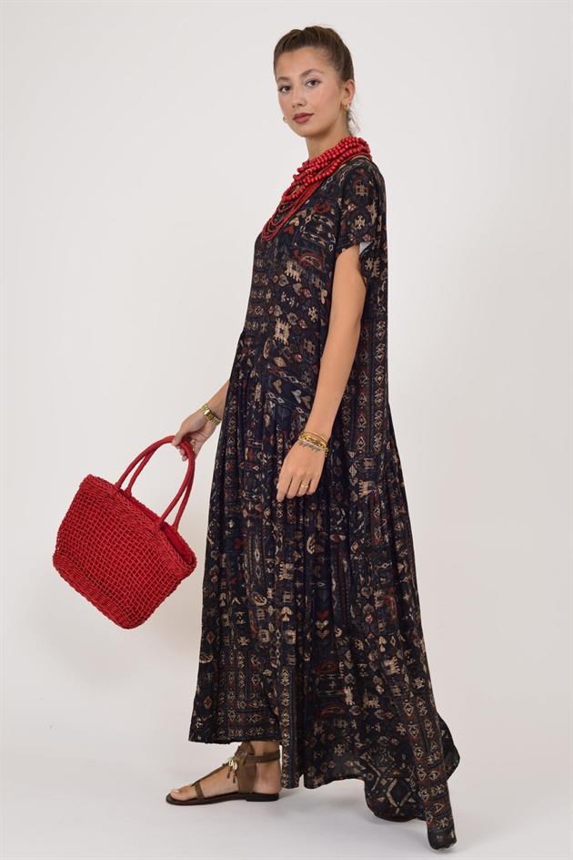 AN5021 ETNİK DESEN ASİMETRİK KISA KOL ELBİSE