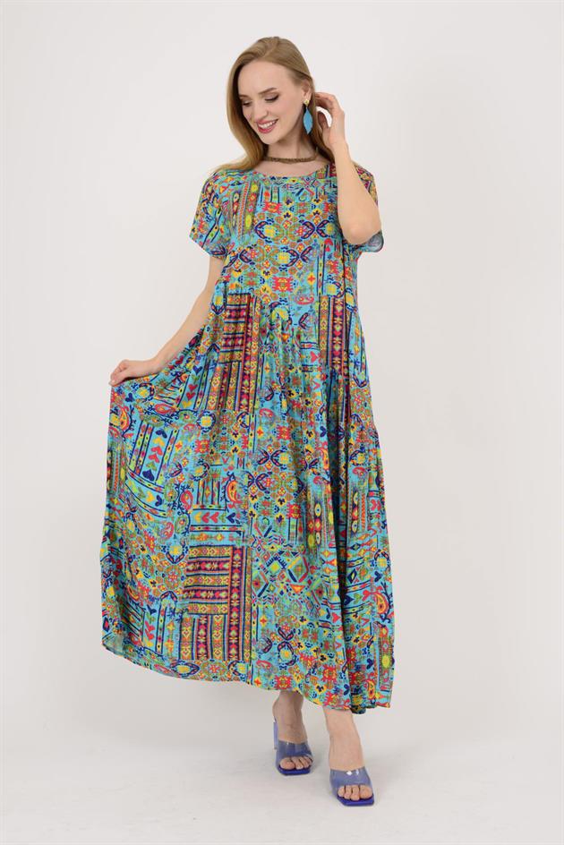 AN5021 ETNİK DESEN ASİMETRİK KISA KOL ELBİSE