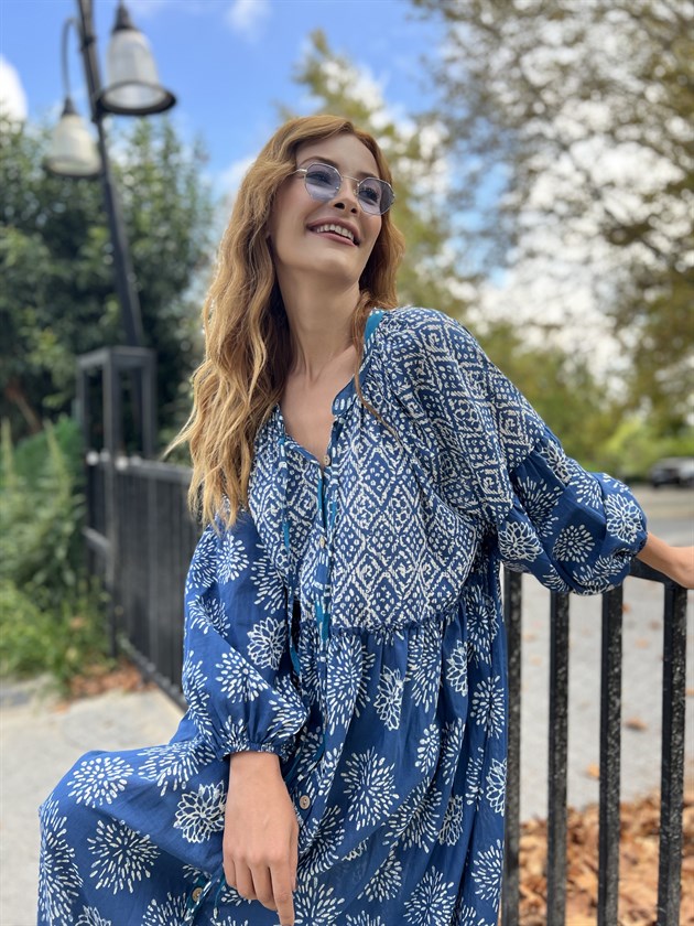 AN5024 MARIN HAKİM YAKA DÜĞMELİ BALON KOL ELBİSE