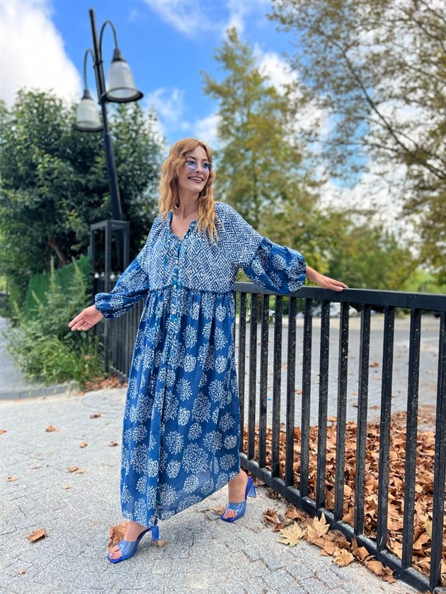 AN5024 MARIN HAKİM YAKA DÜĞMELİ BALON KOL ELBİSE