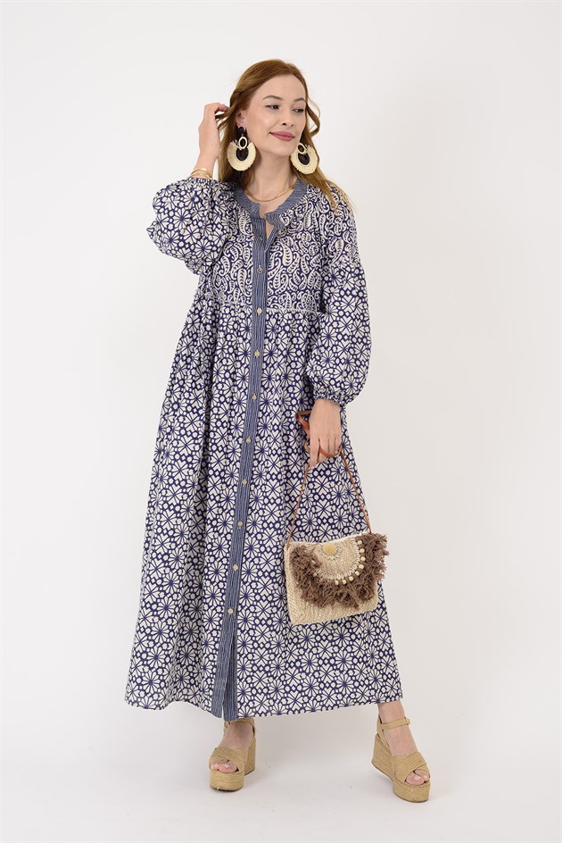 AN5024 B2768 MARİN BALON KOL HAKİM YAKA ÖNDEN DÜĞMELİ ELBİSE