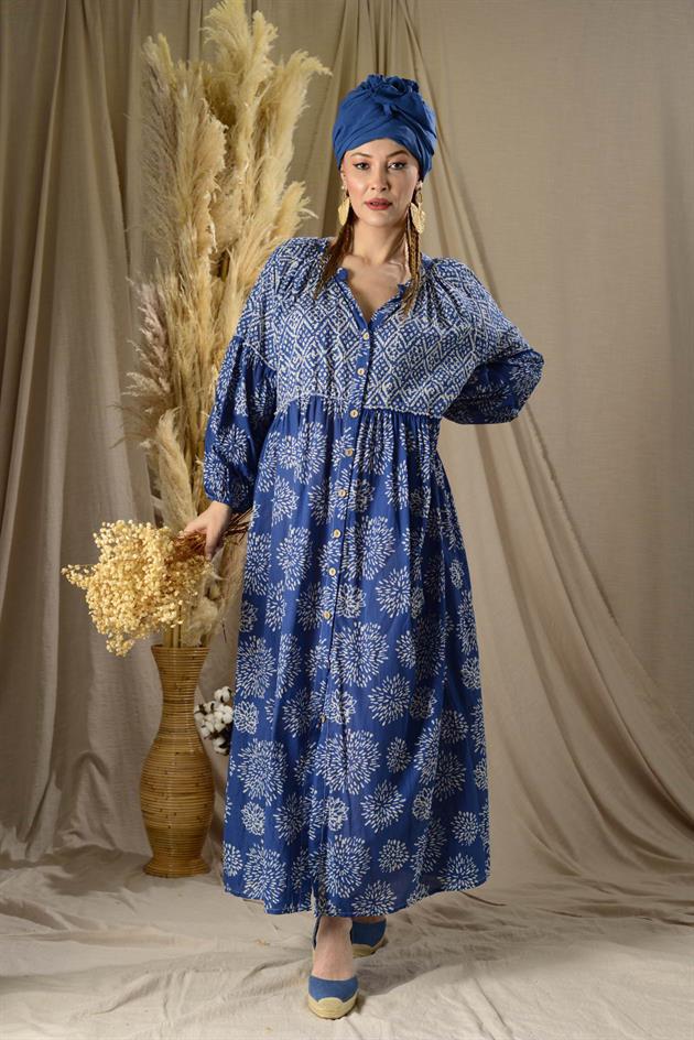 AN5024 MARIN HAKİM YAKA DÜĞMELİ BALON KOL ELBİSE