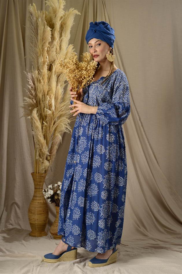 AN5024 MARIN HAKİM YAKA DÜĞMELİ BALON KOL ELBİSE