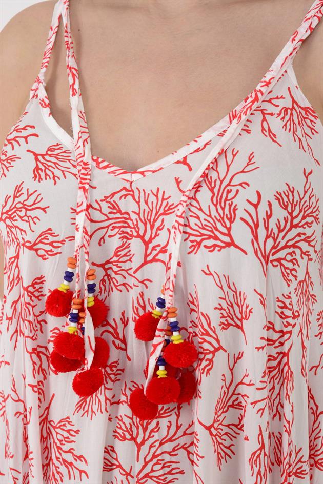 AS34 PONPON DETAYLI MERCAN DESEN BLUZ