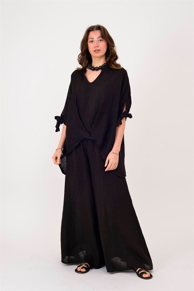 B994 ARKASI UZUN V YAKA KETEN BLUZ
