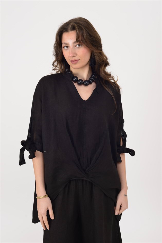 B994 ARKASI UZUN V YAKA KETEN BLUZ