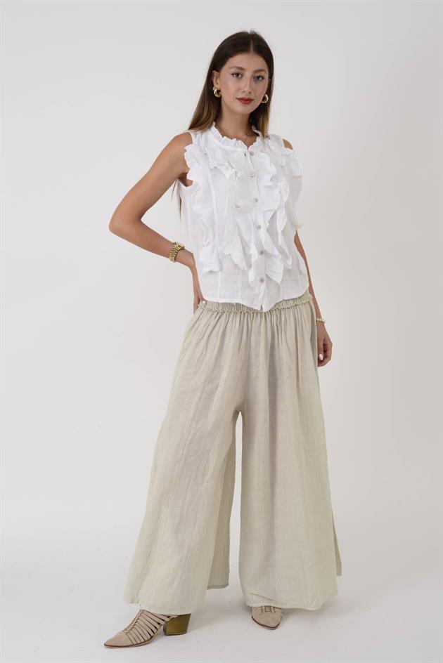 E1047 ZAZ GENİŞ LASTİKLİ BOL PAÇA KETEN PANTOLON