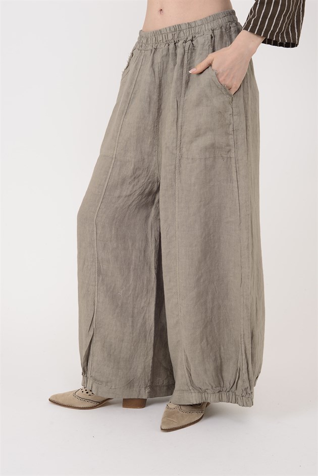 E11121 PAÇASI LASTİK DETAYLI BEGGY KETEN PANTOLON