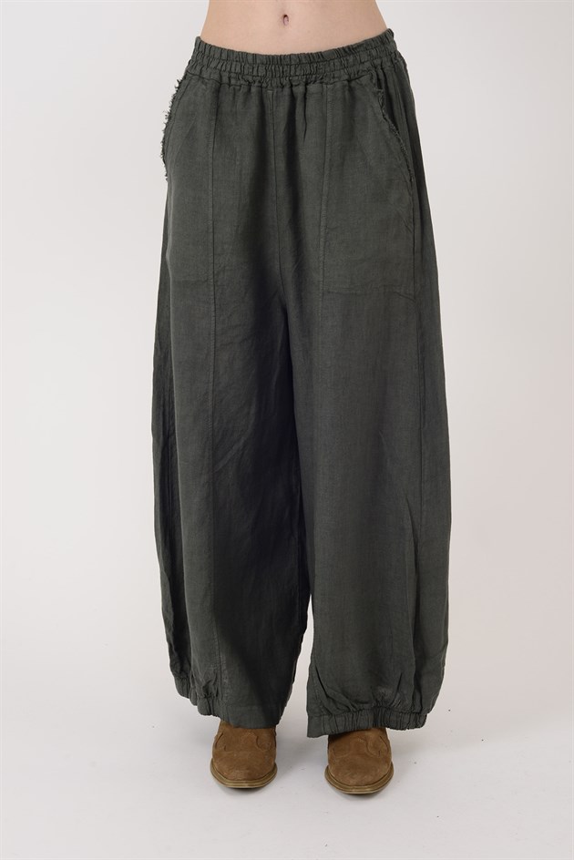 E11121 PAÇASI LASTİK DETAYLI BEGGY KETEN PANTOLON