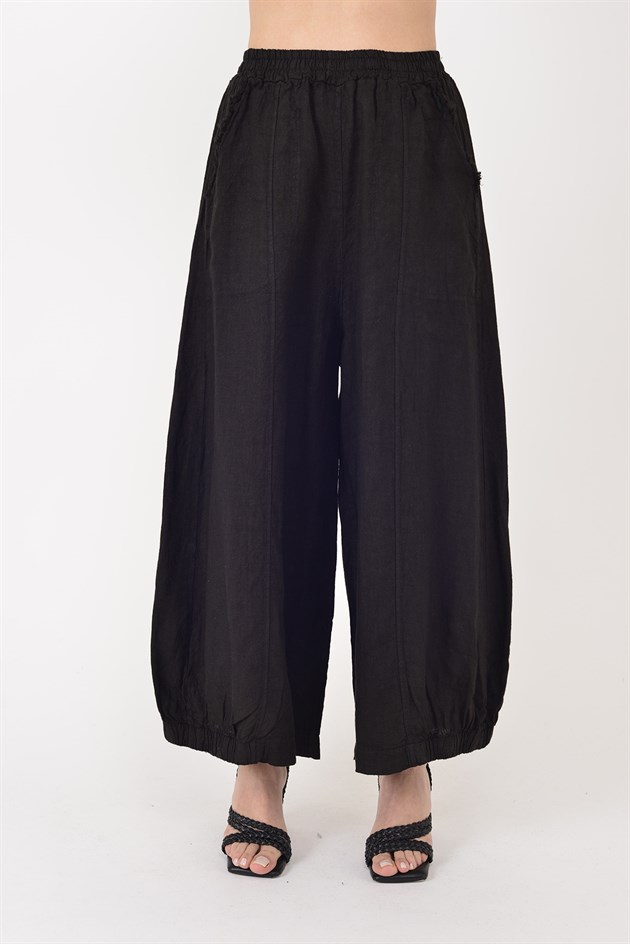 E11121 PAÇASI LASTİK DETAYLI BEGGY KETEN PANTOLON