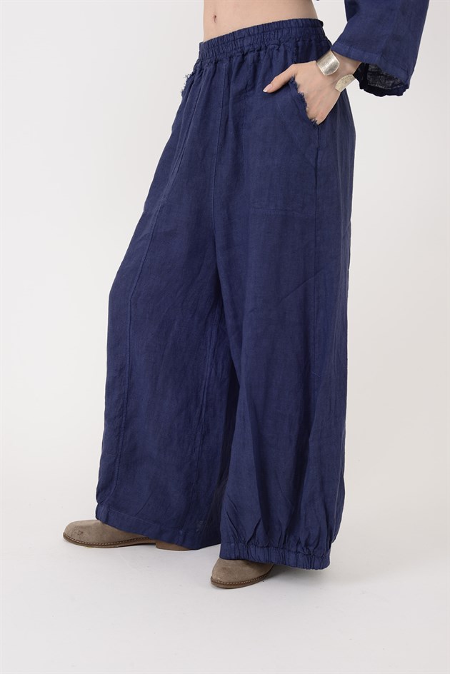 E11121 PAÇASI LASTİK DETAYLI BEGGY KETEN PANTOLON