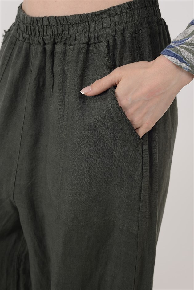 E11121 PAÇASI LASTİK DETAYLI BEGGY KETEN PANTOLON