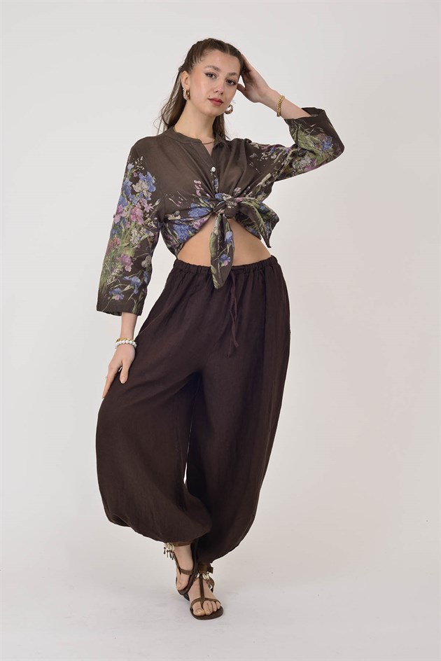 E11191 PAÇASI LASTİK DETAYLI BEGGY KETEN PANTOLON