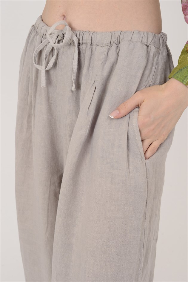 E11191 PAÇASI LASTİK DETAYLI BEGGY KETEN PANTOLON