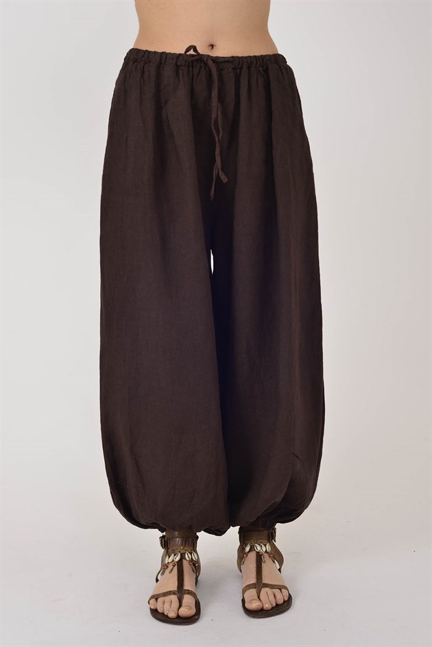 E11191 PAÇASI LASTİK DETAYLI BEGGY KETEN PANTOLON